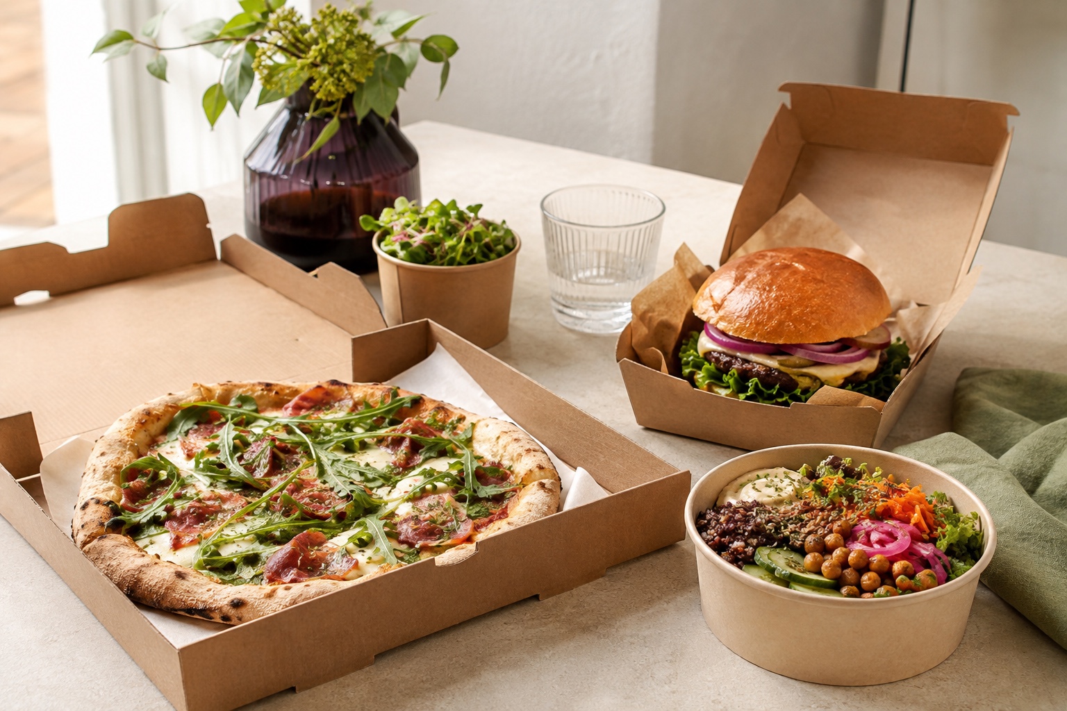 Pizzaa, burgeri ja värikäs kulho valmiina tilattavaksi